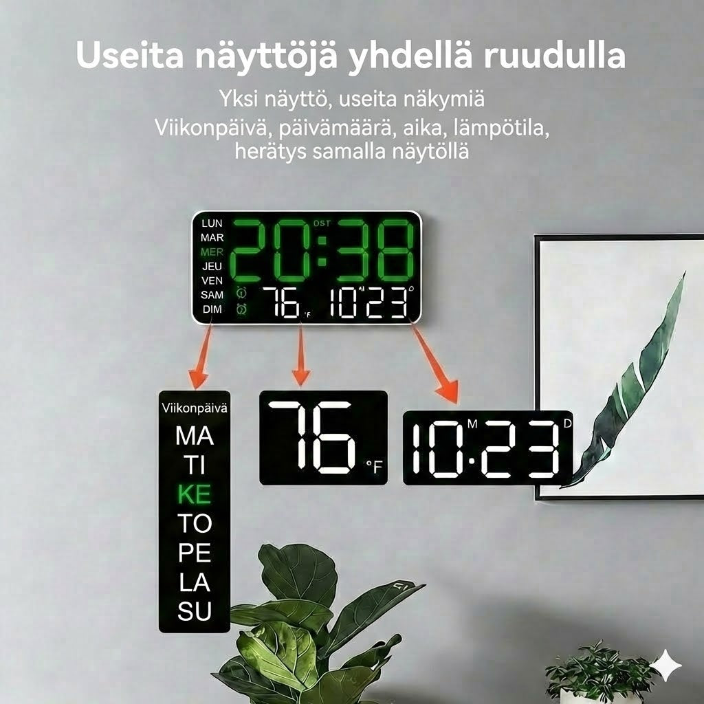 Monitoiminen koristeellinen digitaalinen LED-seinäkello