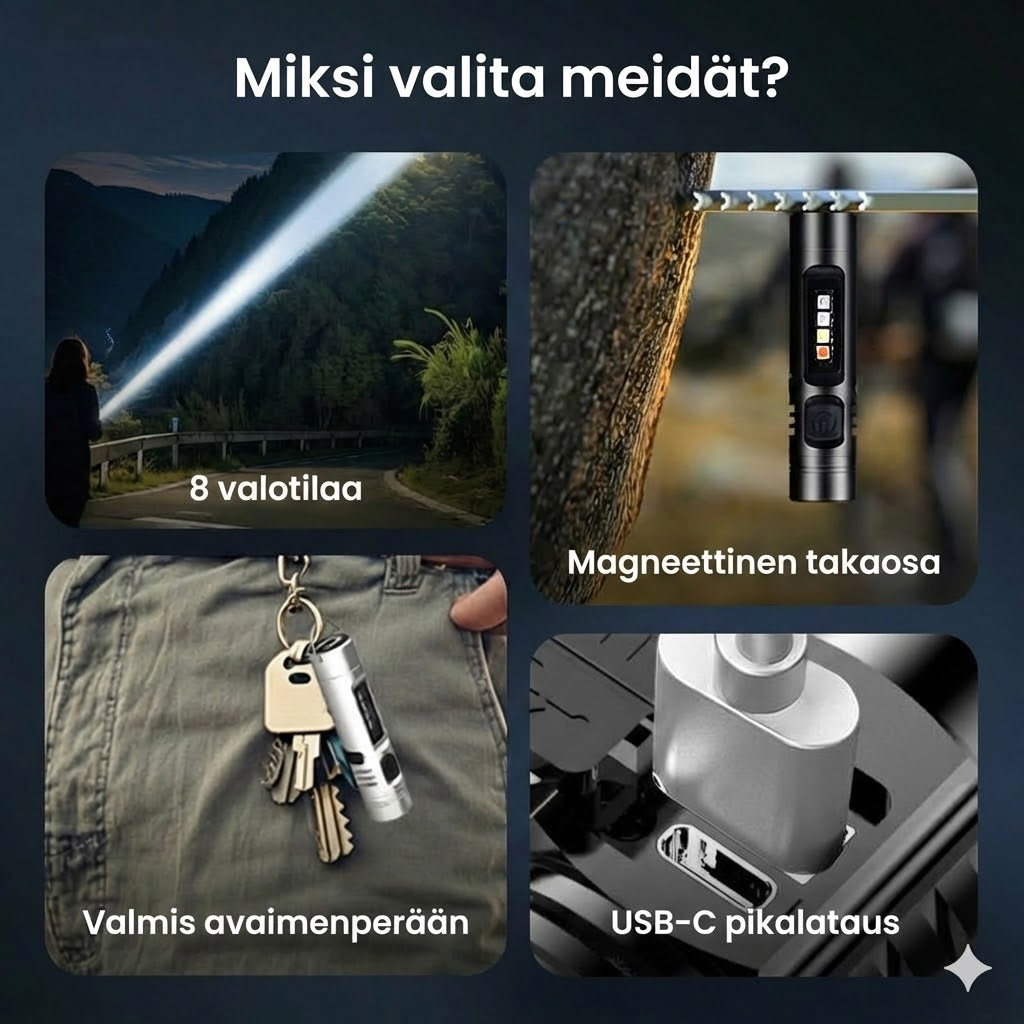 Monitoiminen alumiiniseoksesta valmistettu minitaskulamppu
