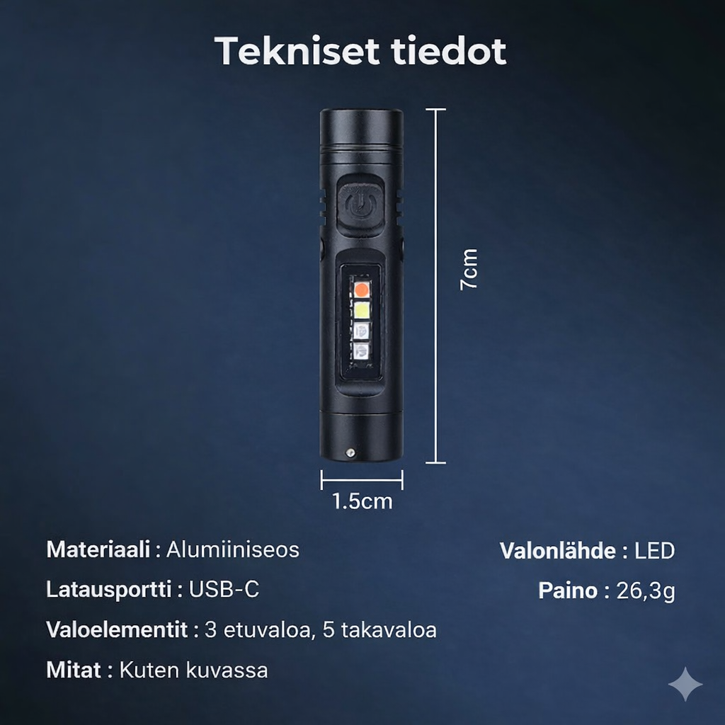 Monitoiminen alumiiniseoksesta valmistettu minitaskulamppu
