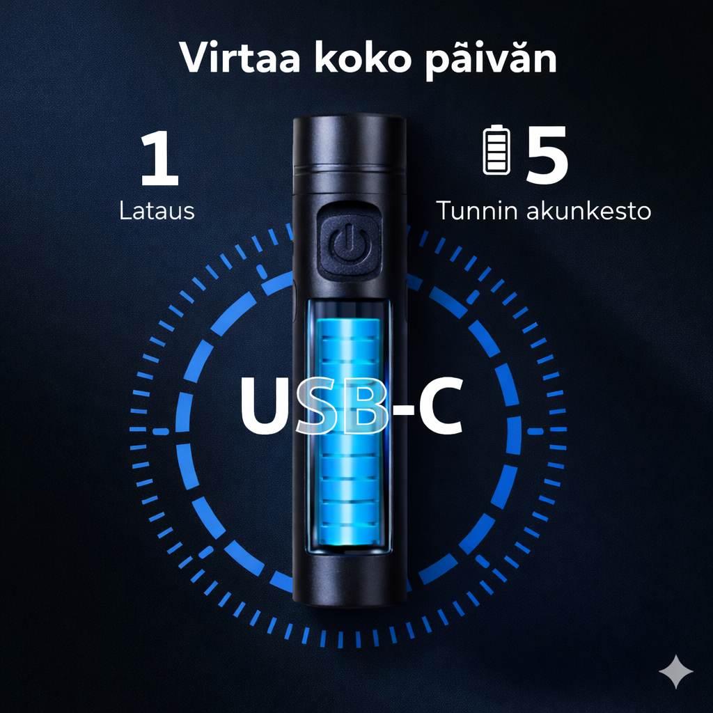 Monitoiminen alumiiniseoksesta valmistettu minitaskulamppu