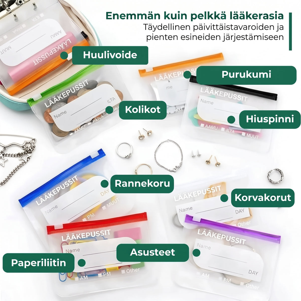Vedenpitävät lääkepussit värikoodauksella