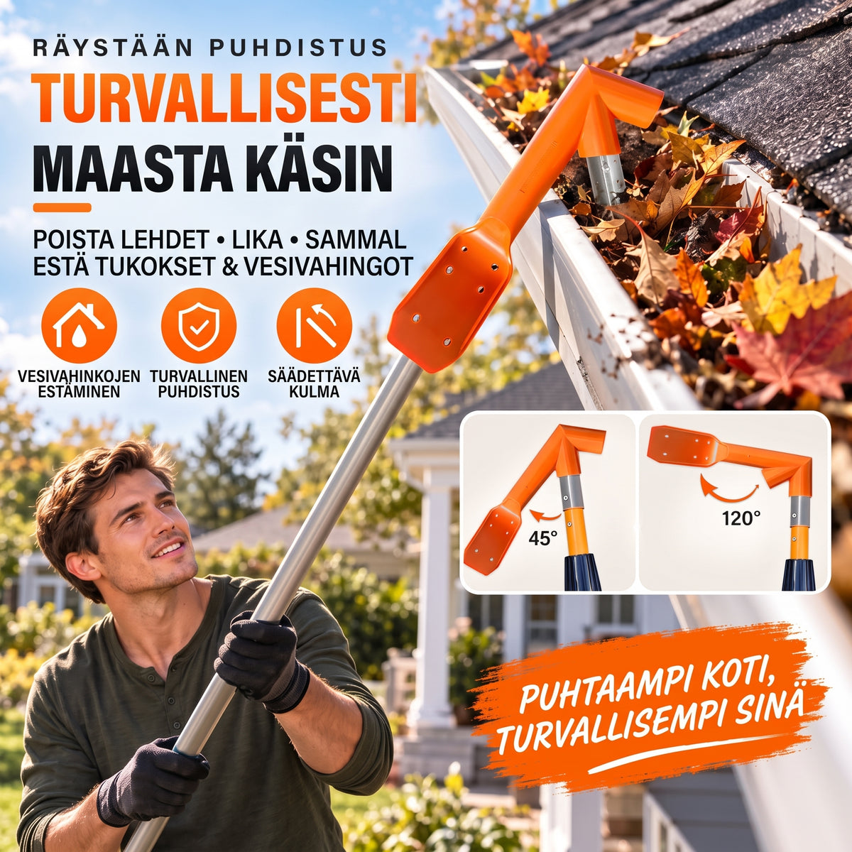 Ergonominen räystäskourujen puhdistin