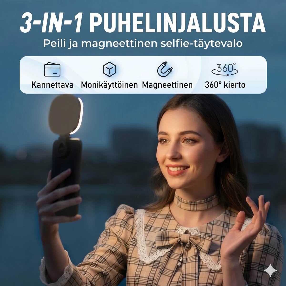 3-in-1 puhelinteline, peili ja magneettinen selfie-täytevalo