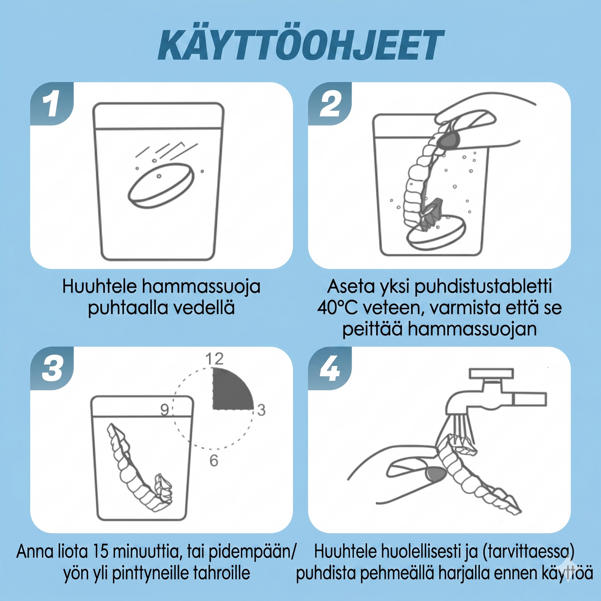 Puhdistustabletit hammasraudoille hajua ja tahroja vastaan (10 kpl per setti)