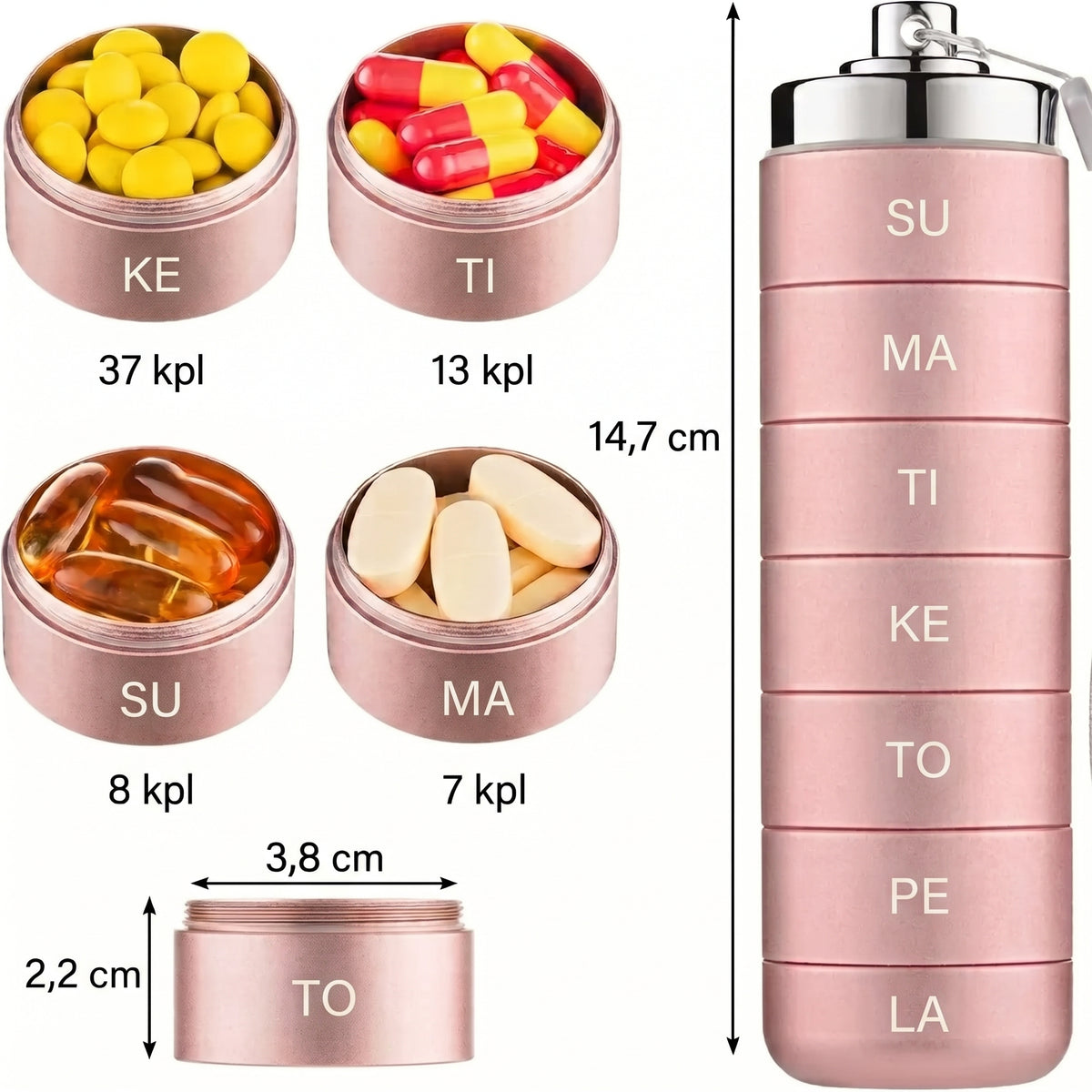 Smart Dose metallinen pillerirasia 7 lokerolla