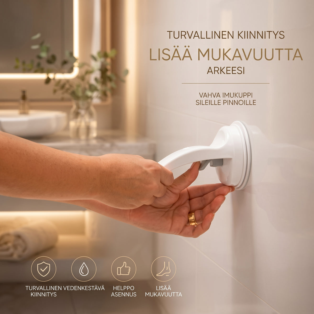 Suihkun jalkatuki imukuppikiinnityksellä