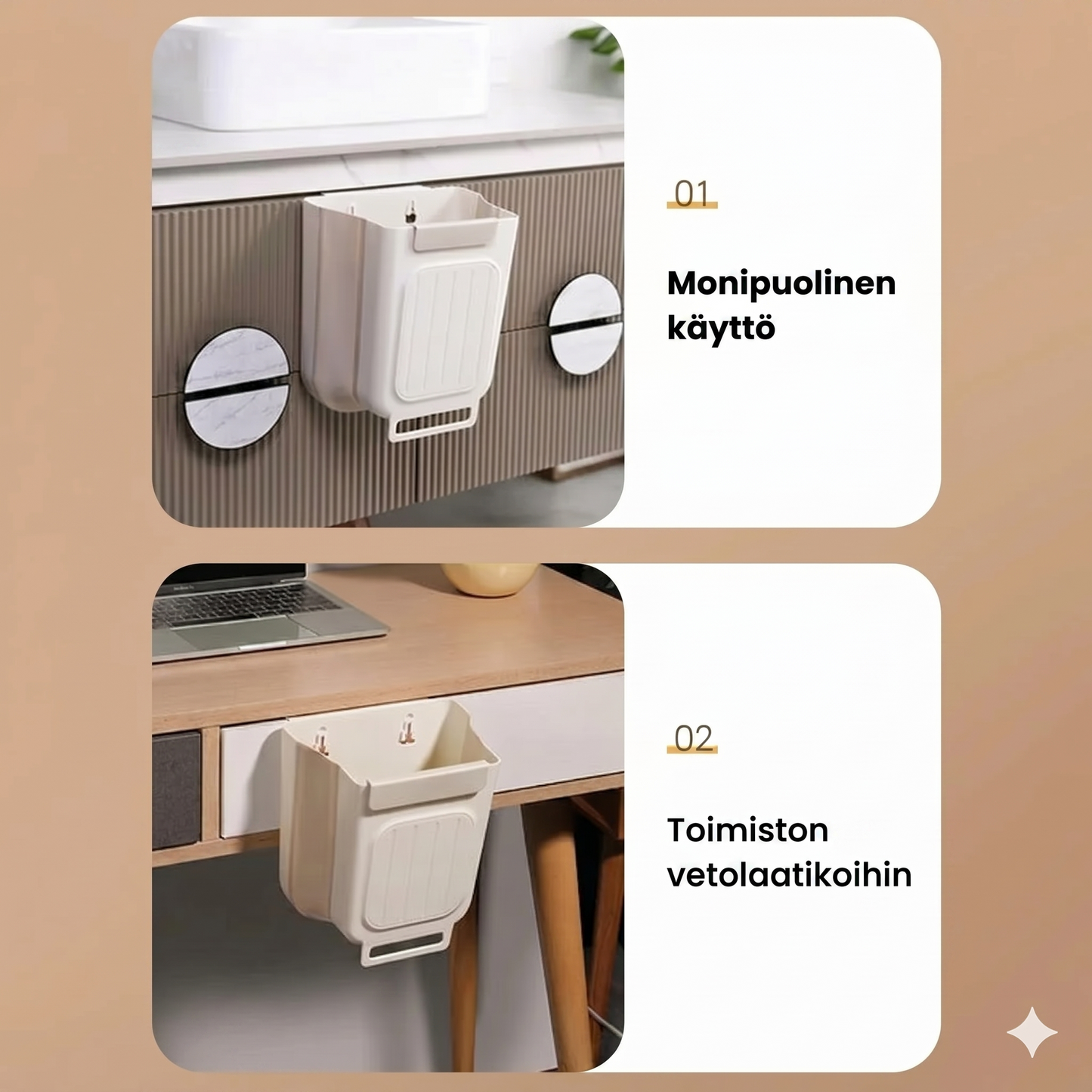 Monitoiminen kokoontaitettava ripustettava roskakori keittiöön