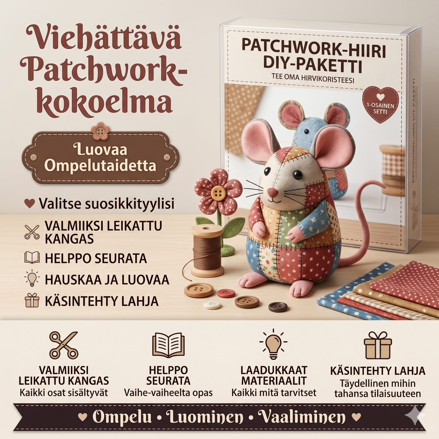 Täydellinen tee-se-itse-setti tilkkutyöhiiren valmistukseen - Sisältää kaikki materiaalit