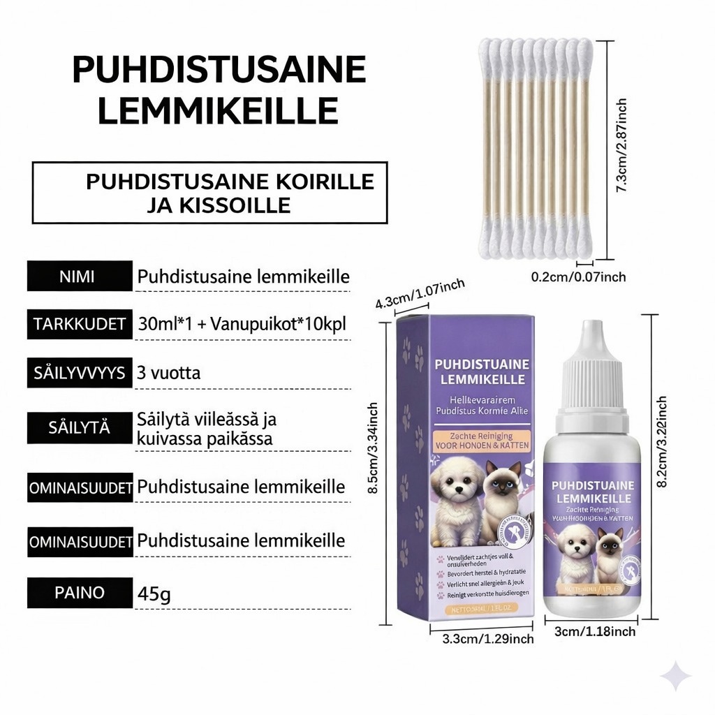 Hellävarainen silmienhuuhteluaine koirille ja kissoille