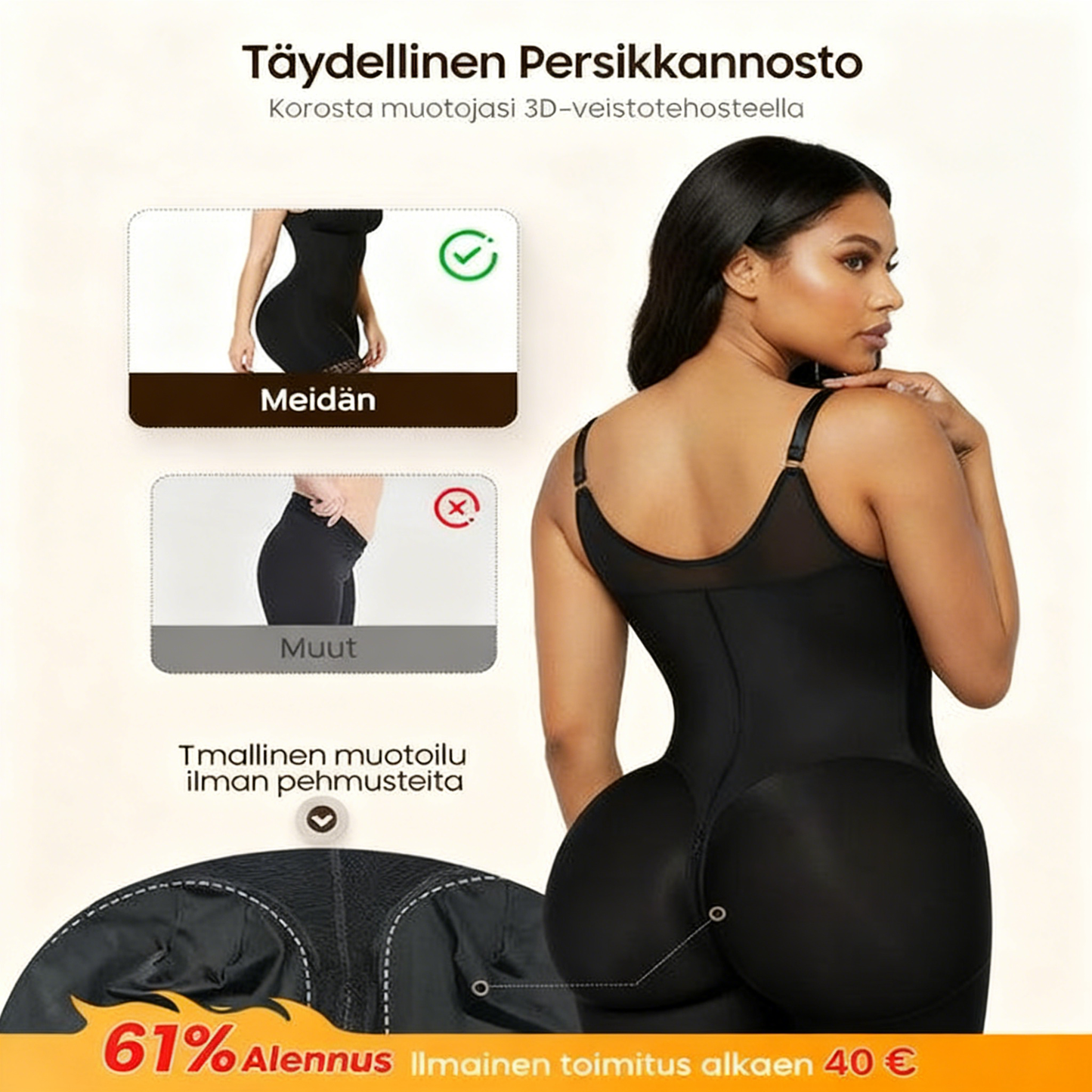 Vatsaa hallitseva pakaralihasten kohottaja vetoketjulla ja haaroilla, fajas colombianas