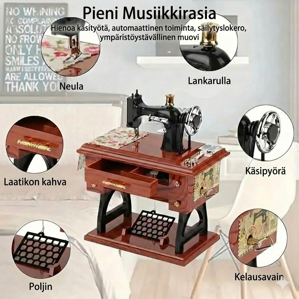 Puinen miniompelukone-soittorasia