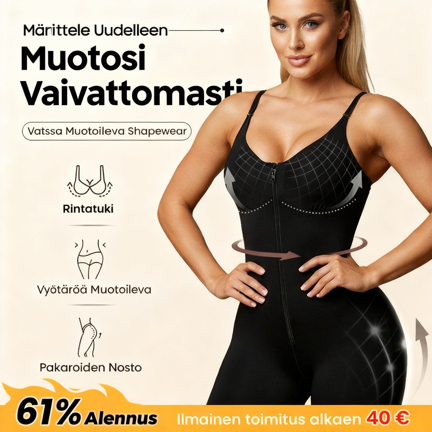 Vatsaa hallitseva pakaralihasten kohottaja vetoketjulla ja haaroilla, fajas colombianas