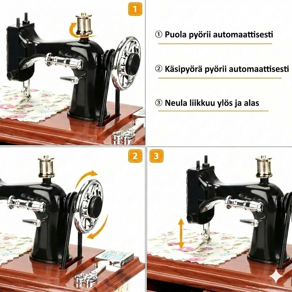Puinen miniompelukone-soittorasia