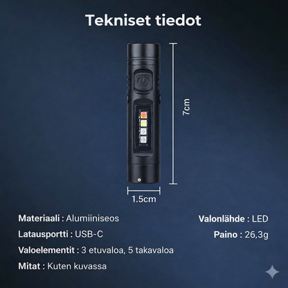 Monitoiminen alumiiniseoksesta valmistettu minitaskulamppu