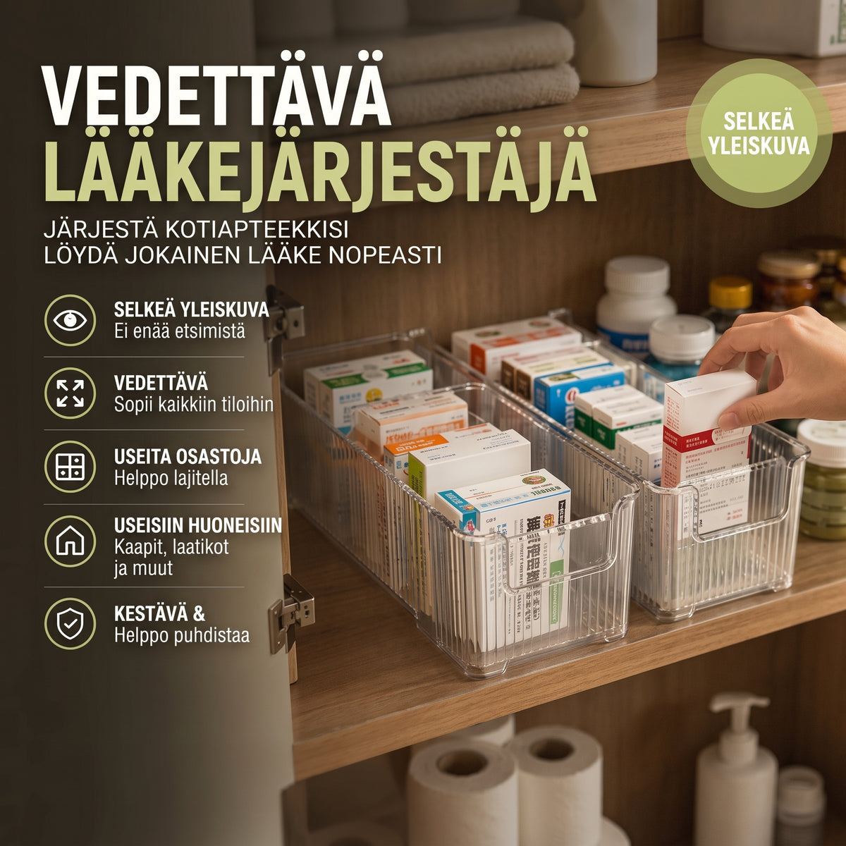 Ulosvedettävä läpinäkyvä lääkejärjestäjä