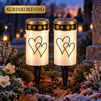 MinnesLjus LED-hautakynttilät 2 kappaleen setti aurinkokennolla tai paristolla