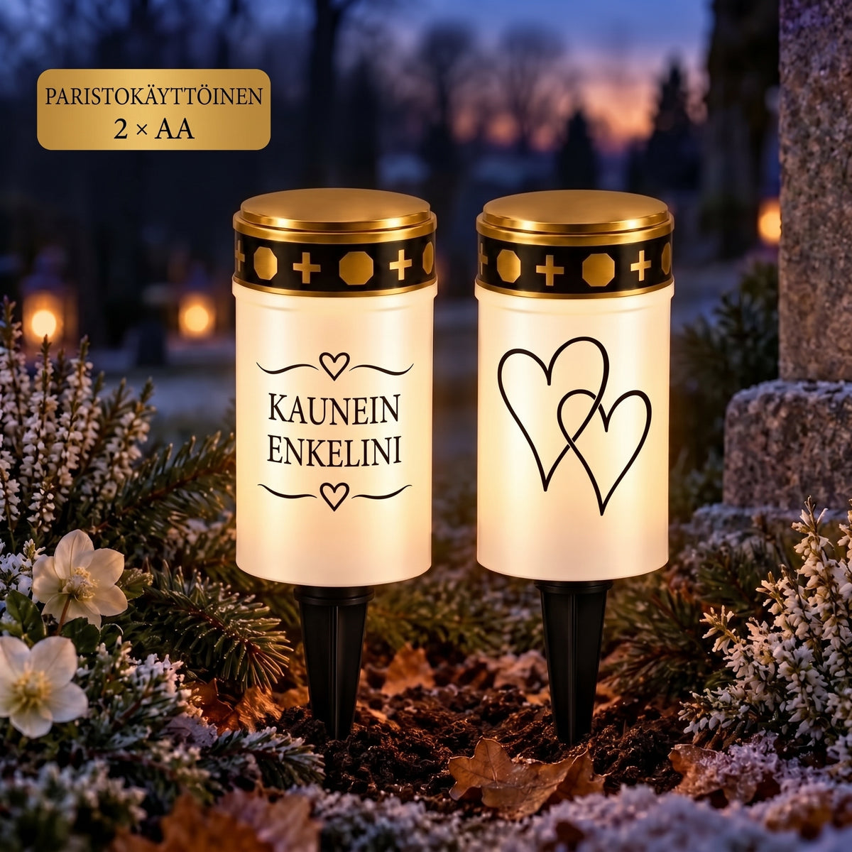 MinnesLjus LED-hautakynttilät 2 kappaleen setti aurinkokennolla tai paristolla