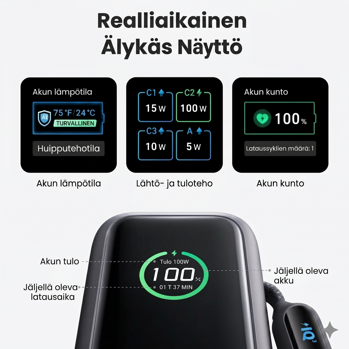 Varavirtalähde sisäänrakennetulla kaapelilla