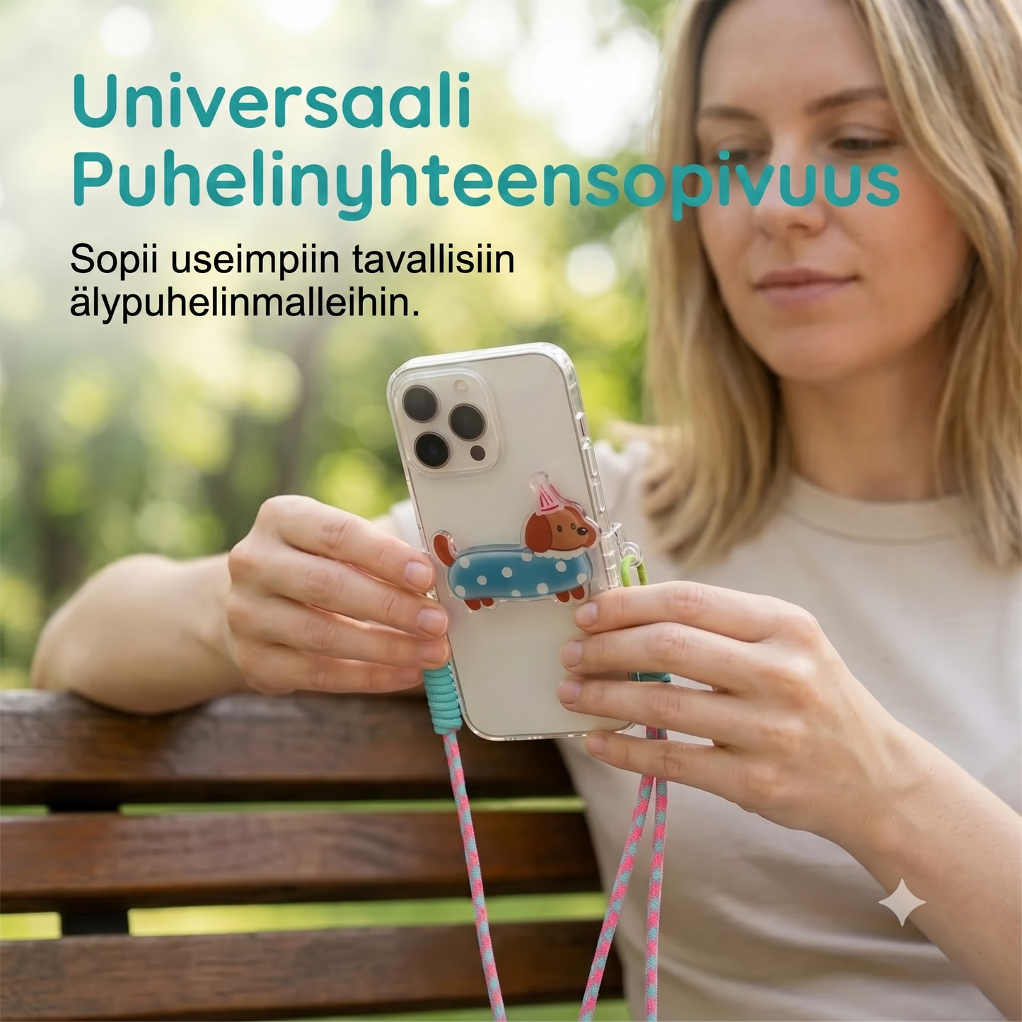 Puhelinpidike sarjakuvahahmolla ja rannelenkillä