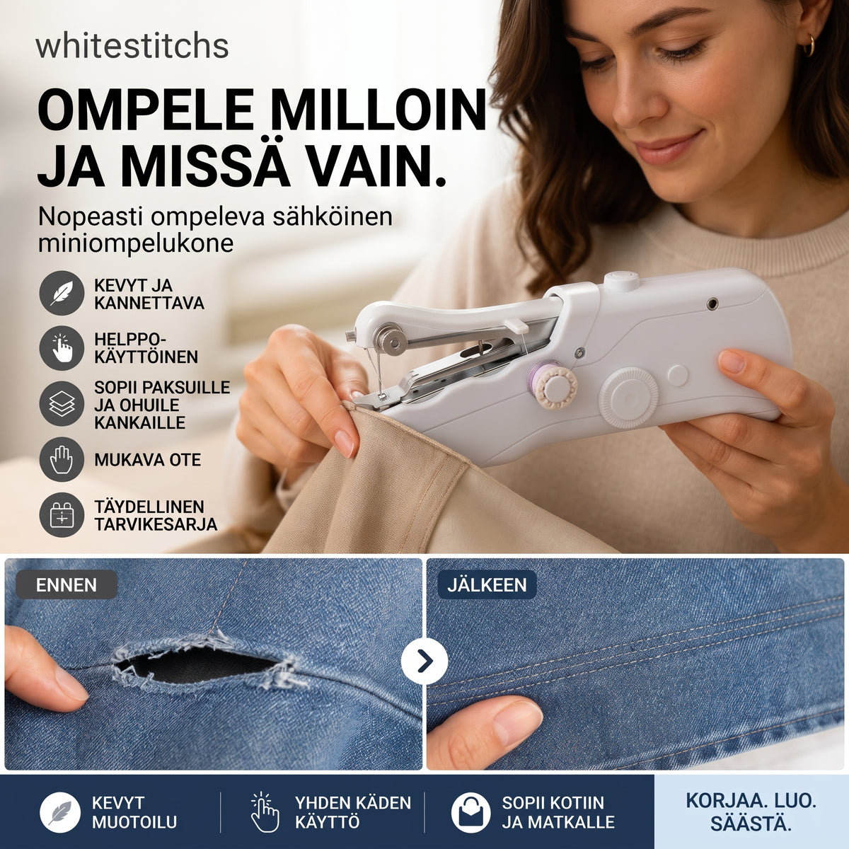 Kompakti sähköinen ompelukone pieniin ompelutöihin