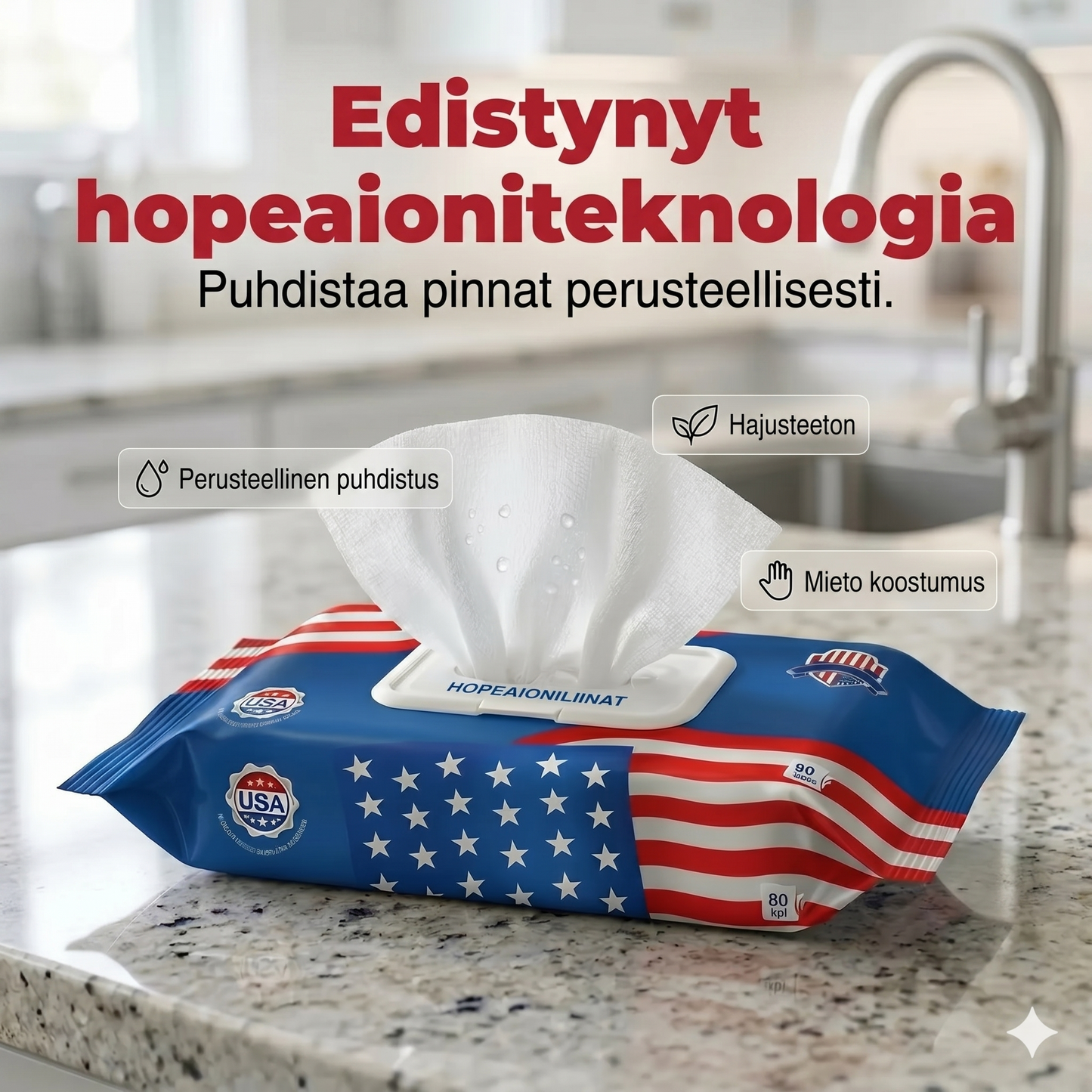 Yhdysvaltalaiset nanohopea-ioni ultra-puhtaat pyyhkeet (80 arkkia/pakkaus)