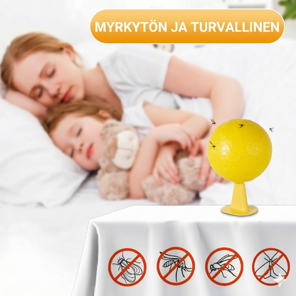 Tahmea hedelmäkärpäsansapallo jalustalla ja LED-valolla