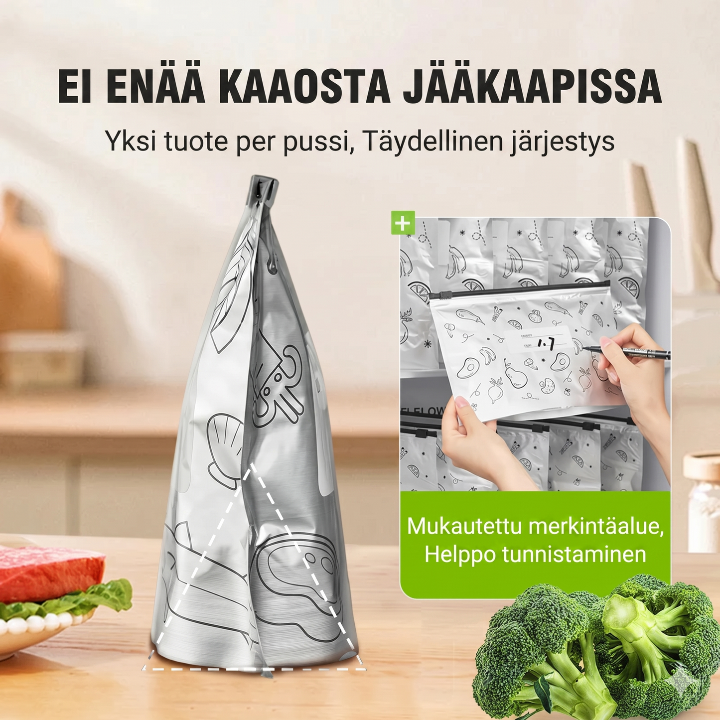 Uudelleenkäytettävät alumiinifoliosta valmistetut tuorepussit turvalukituksella – 10 kappaleen setti