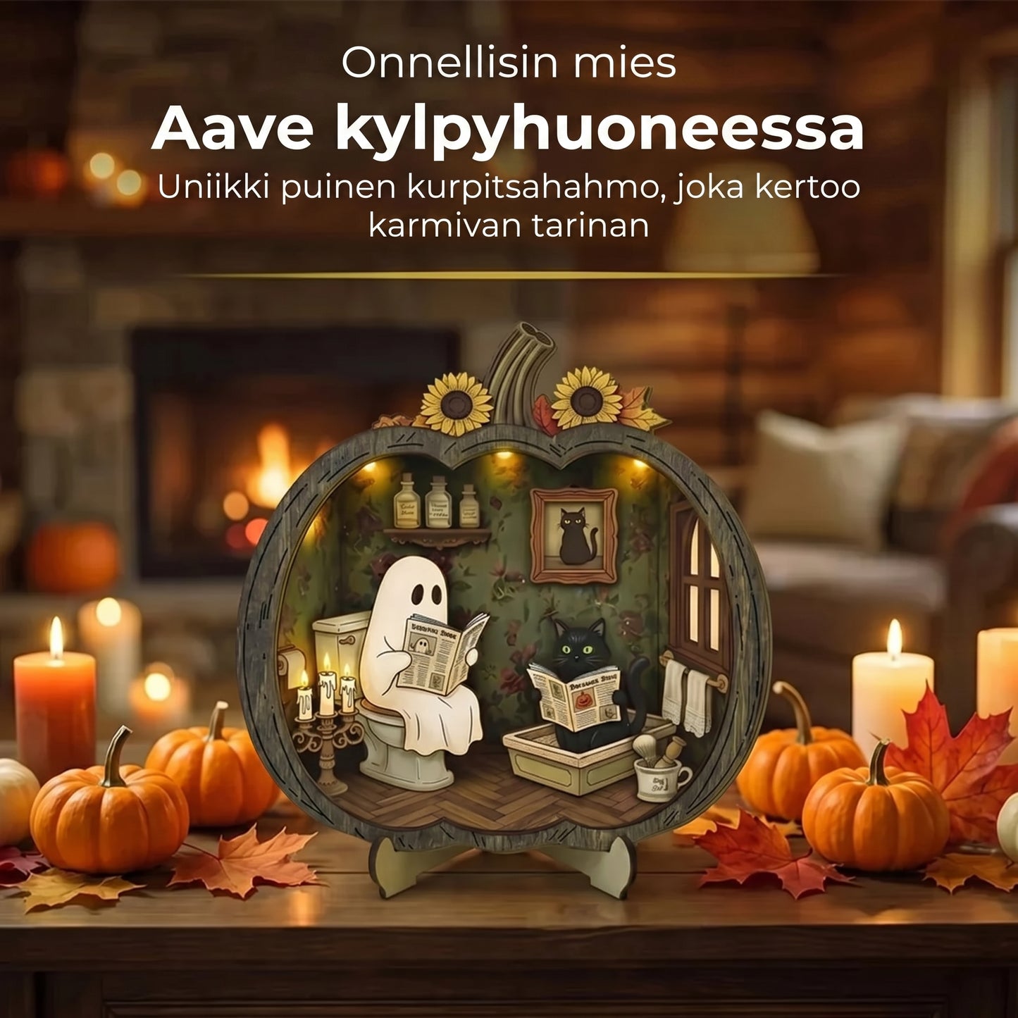 Puinen Halloween-kurpitsakoriste LED-valolla