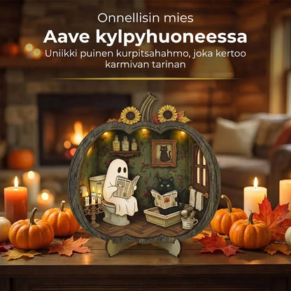 Puinen Halloween-kurpitsakoriste LED-valolla
