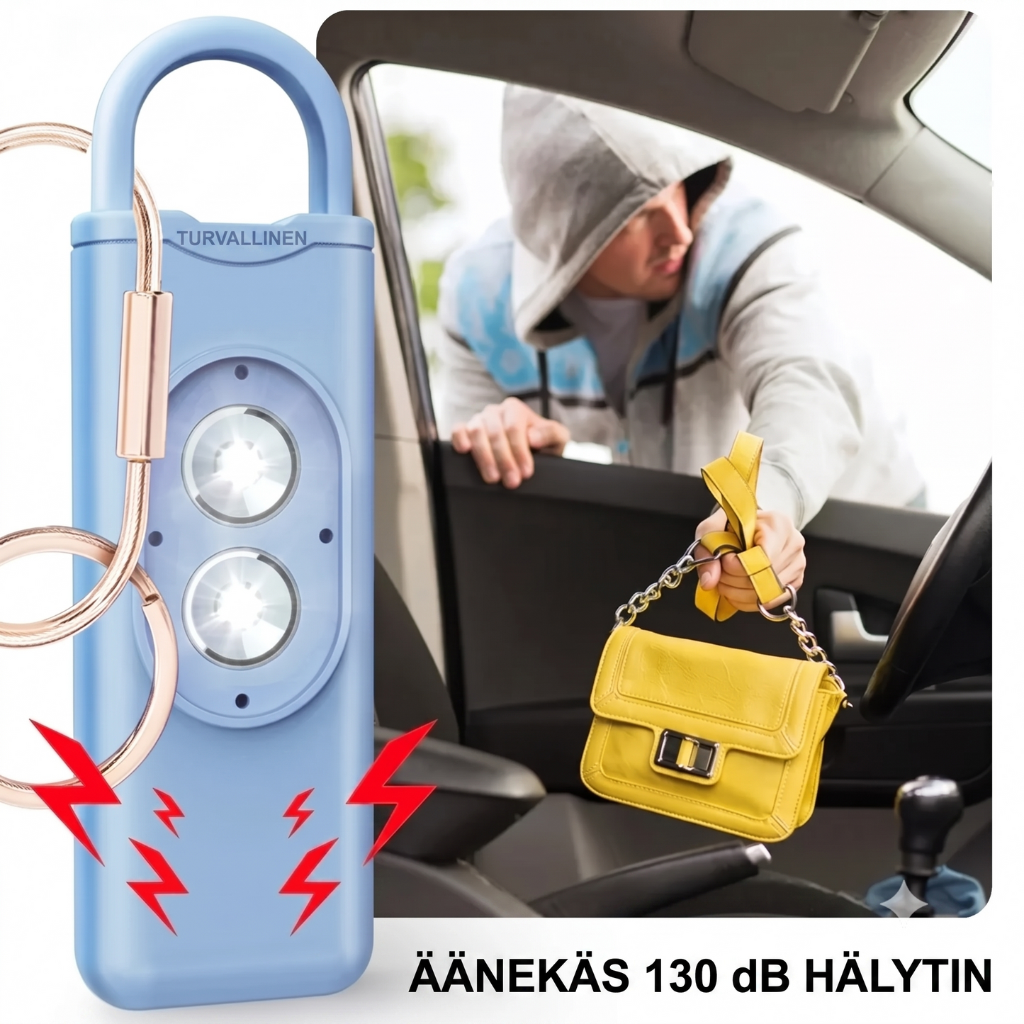 Ladattava henkilökohtainen hälytin taskulampulla ja 130 dB:n sireenillä
