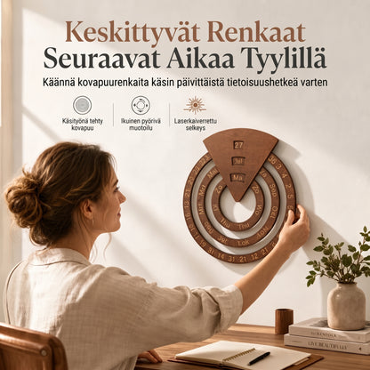 Pyöreä pyörivä puinen ikuisuuskalenteri