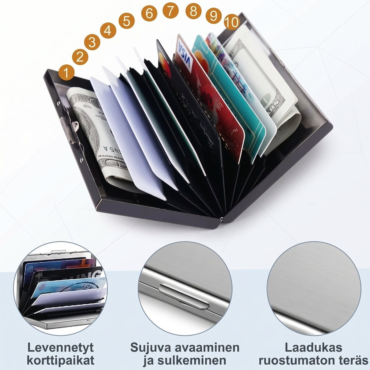 Ruostumattomasta teräksestä valmistettu RFID-korttikotelo 10 lokerolla