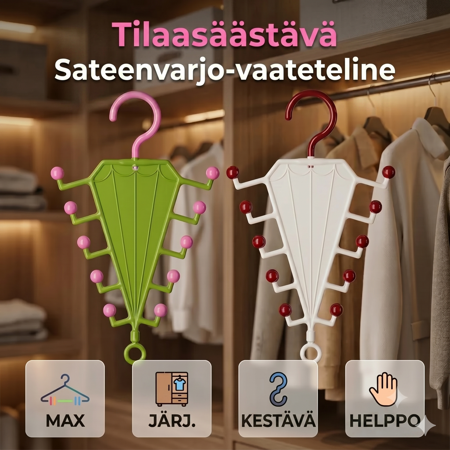 Monitoiminen V-muotoinen kaksipuolinen säilytysteline henkareilla