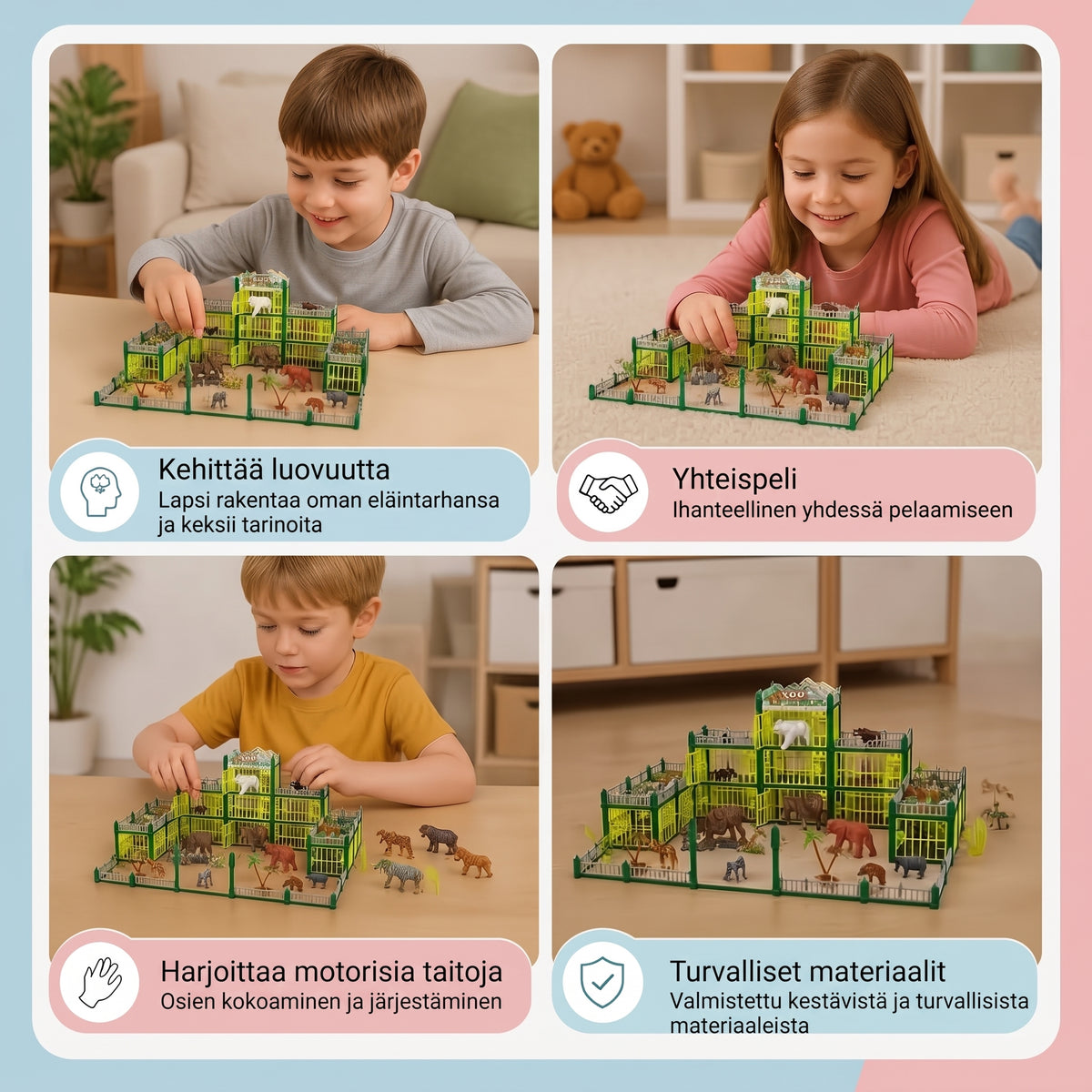 Modulaarinen eläintarhan rakennussarja eläinhahmoilla ja interaktiivisilla häkeillä