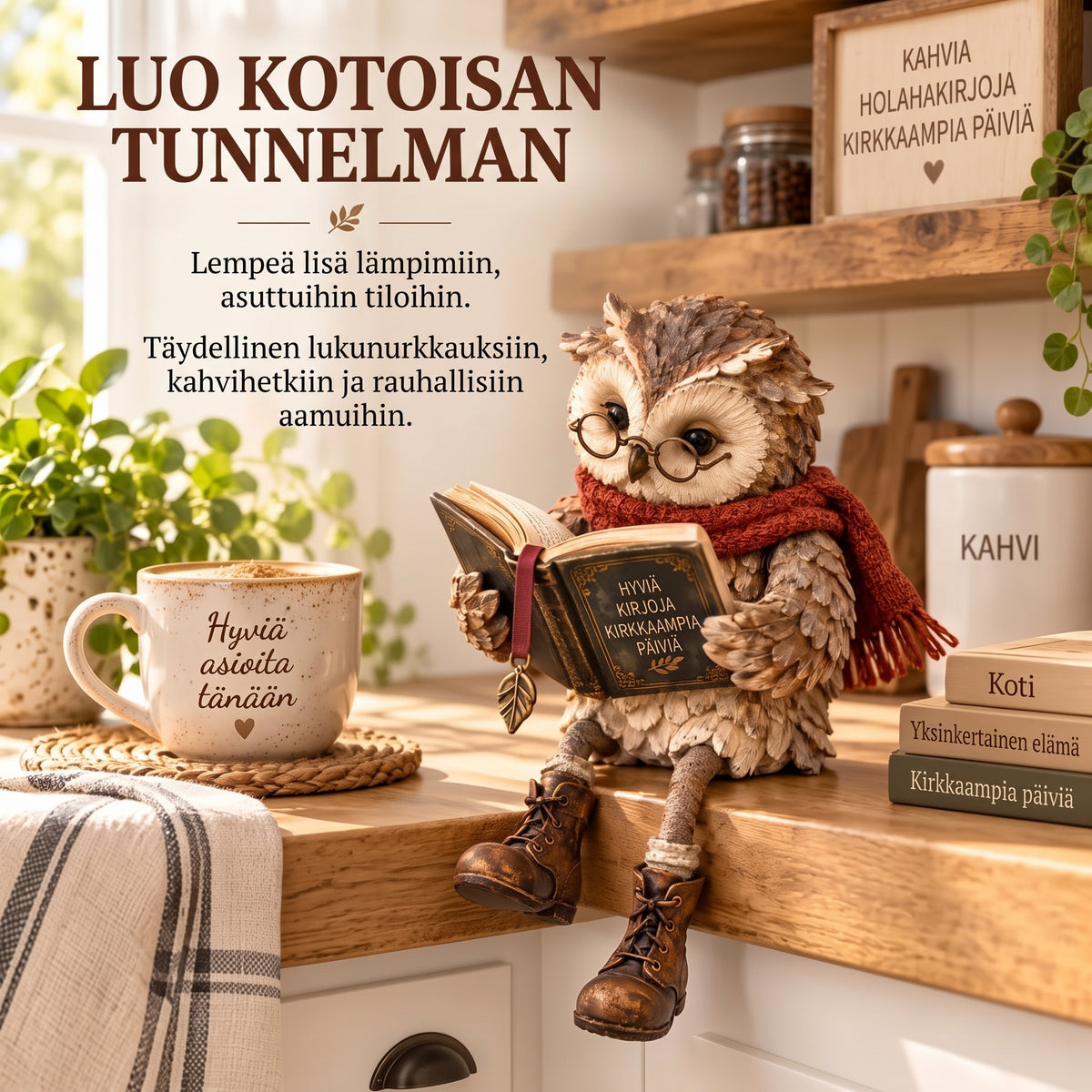 Lukeva pöllöfiguuri kodin sisustukseen