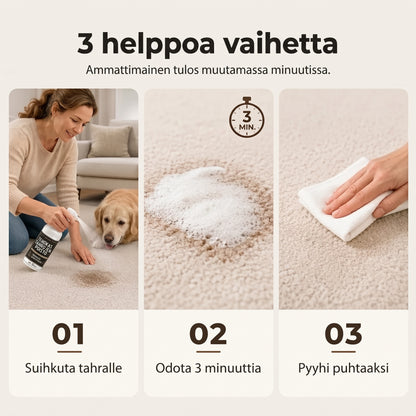 Tahranpoistoaine matoille ja verhoiluille ilman hankausta
