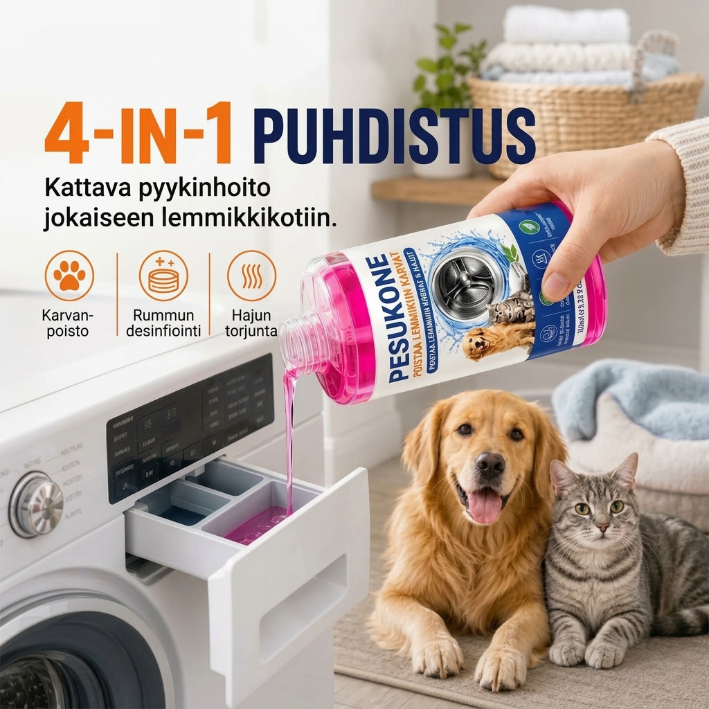 4-in-1 pesukoneen puhdistusaine lemmikkien karvoja ja hajuja vastaan