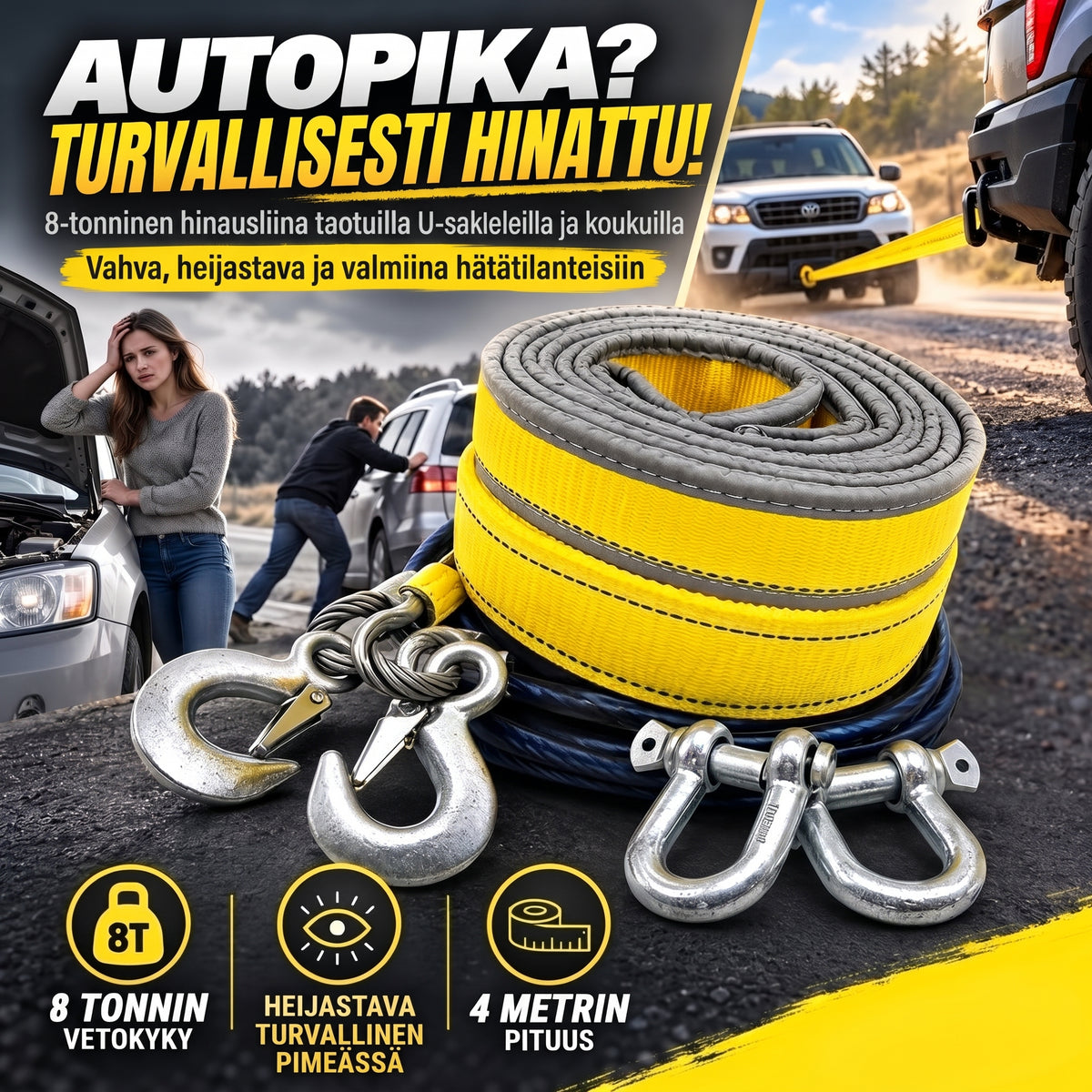 Hinausliina 8 tonnia 4 metriä U-mallisilla sakkelikoukuilla