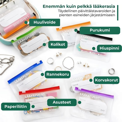 Vedenpitävät lääkepussit värikoodauksella
