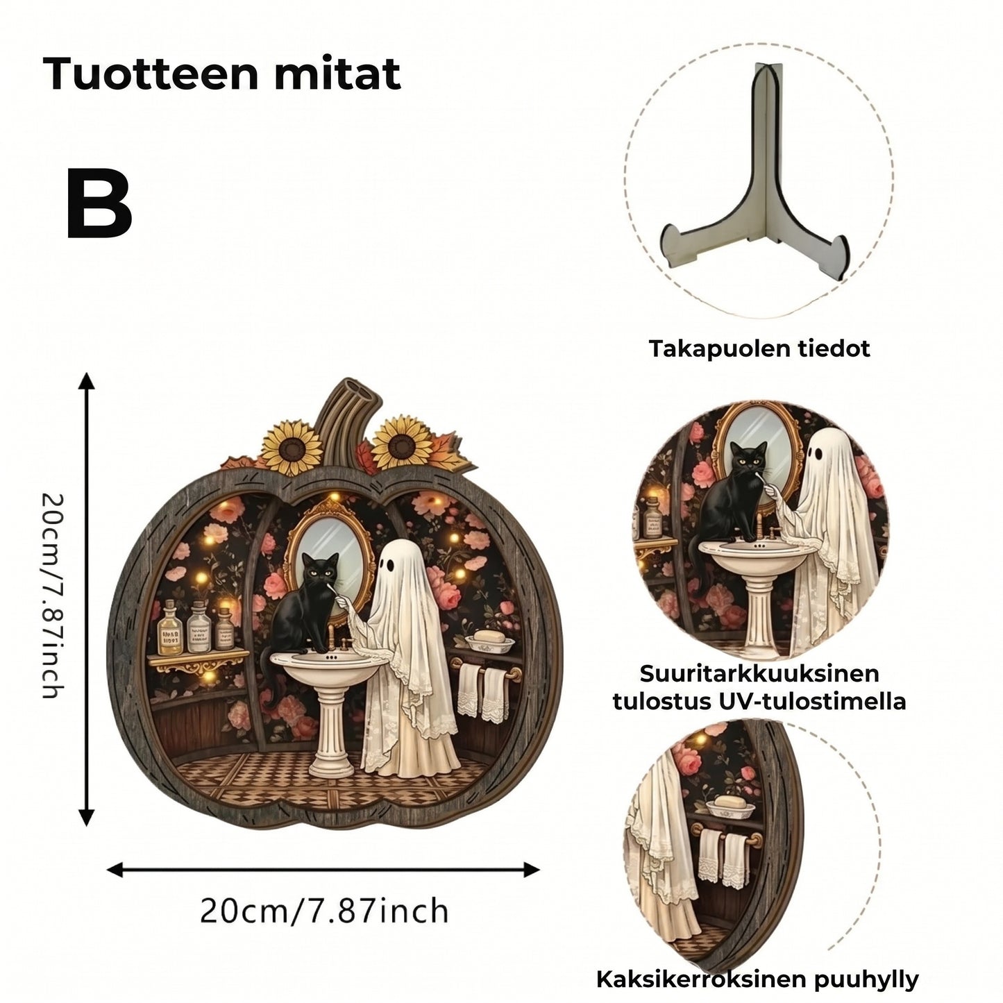 Puinen Halloween-kurpitsakoriste LED-valolla
