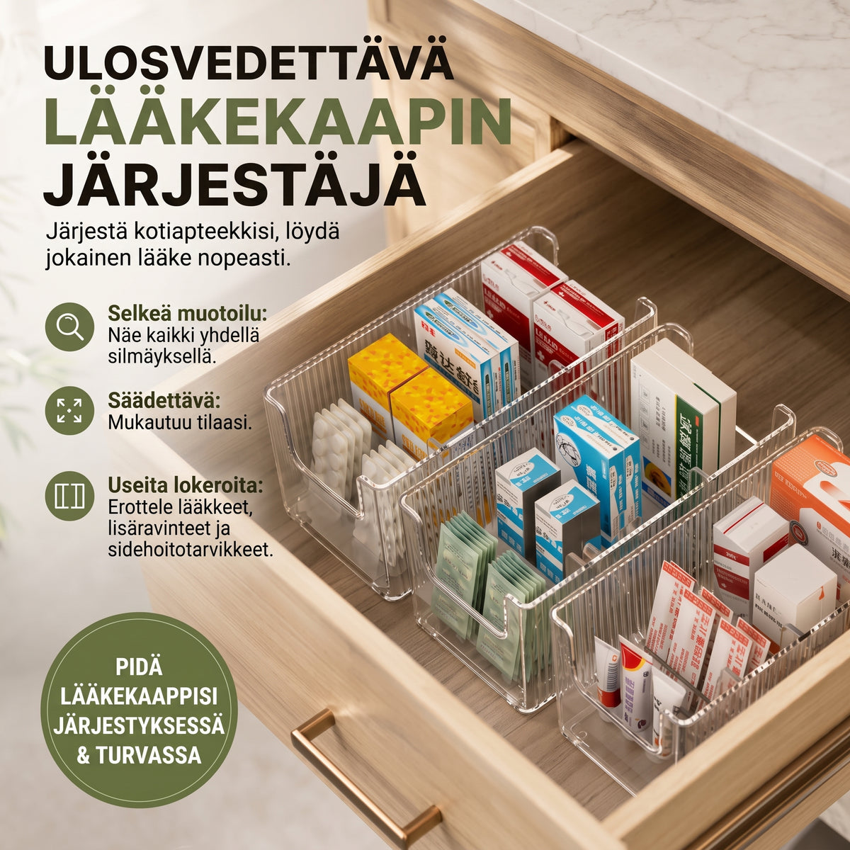 Ulosvedettävä läpinäkyvä lääkejärjestäjä