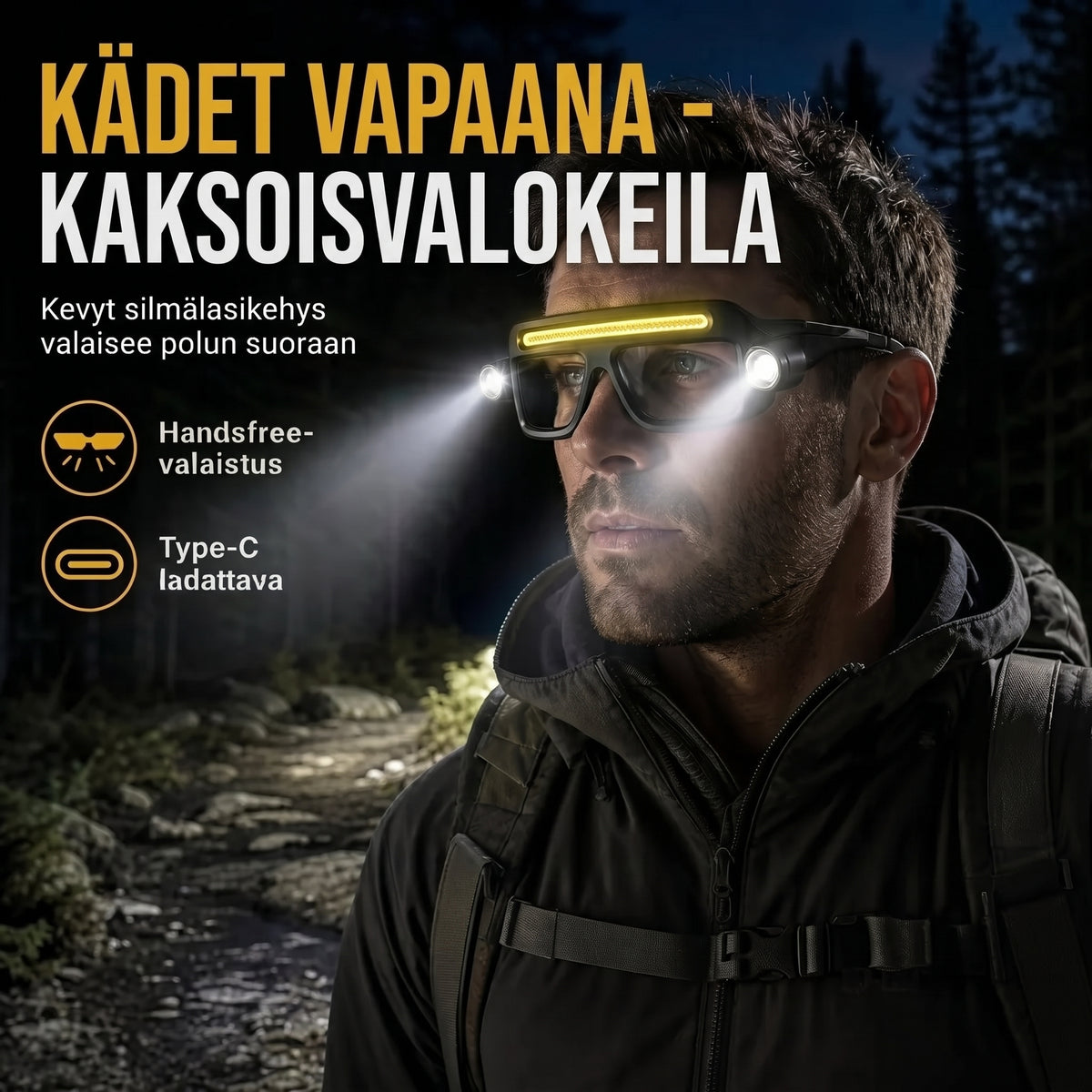 Ladattava silmälasimallinen LED otsalamppu liiketunnistimella