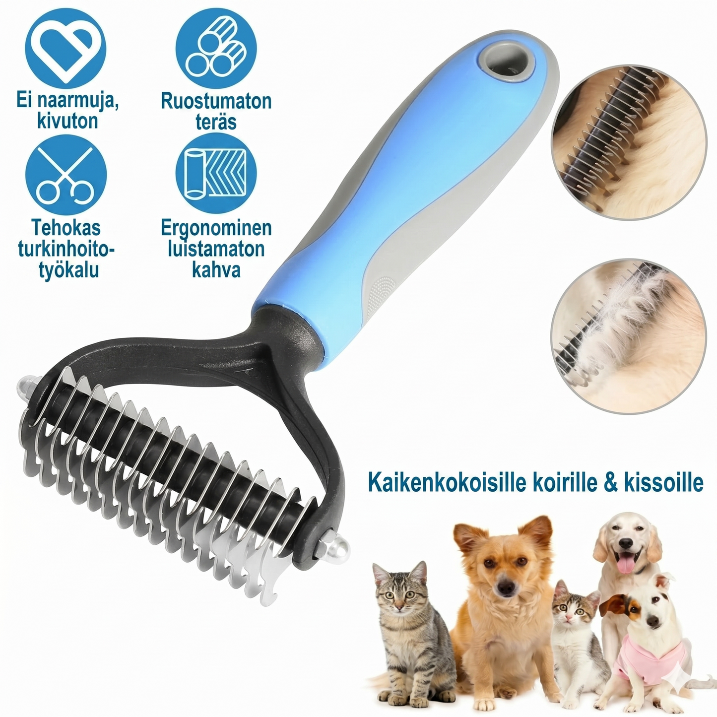 Kaksipuolinen lemmikkien karvanpoistoharja