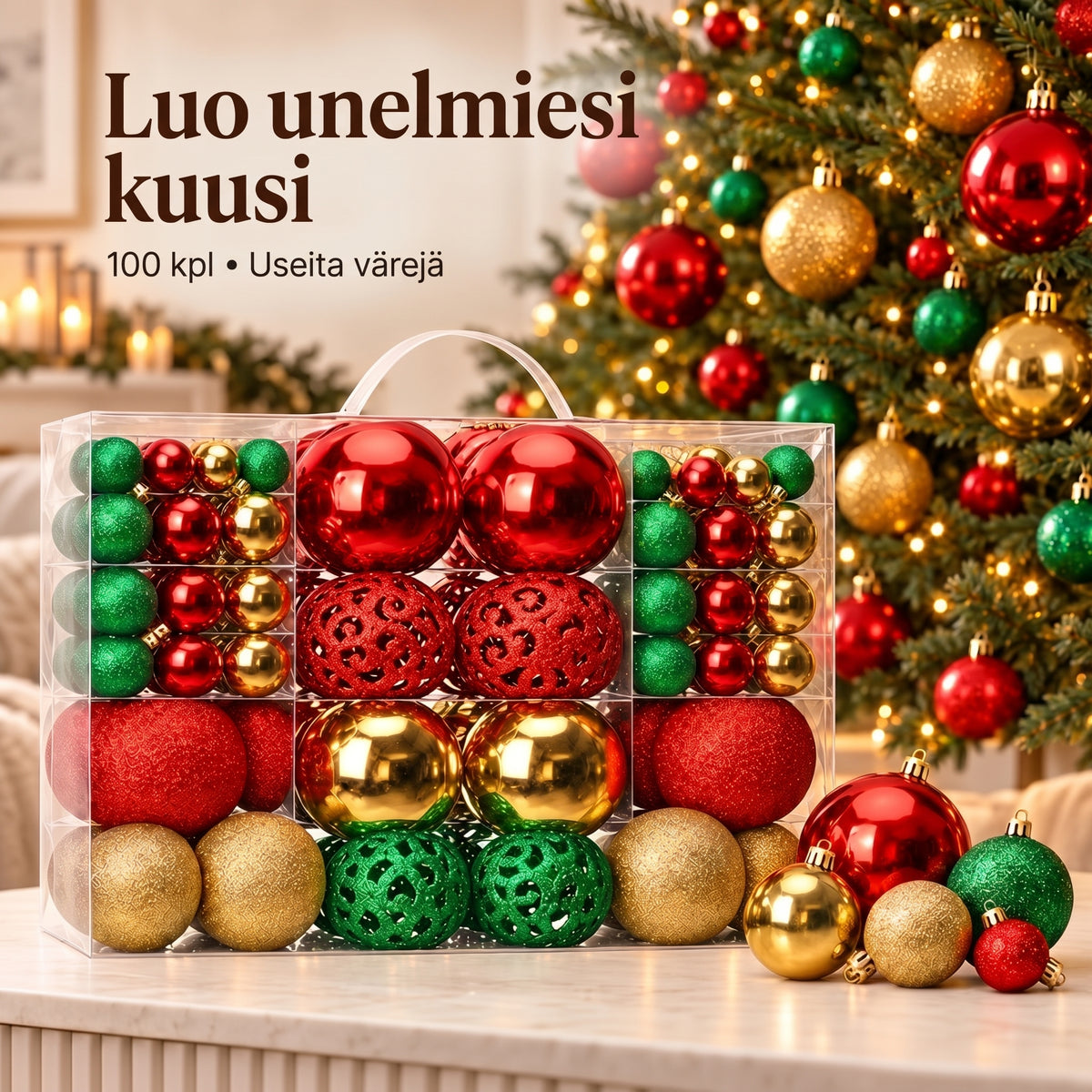100 joulupallon setti joulukuuseen