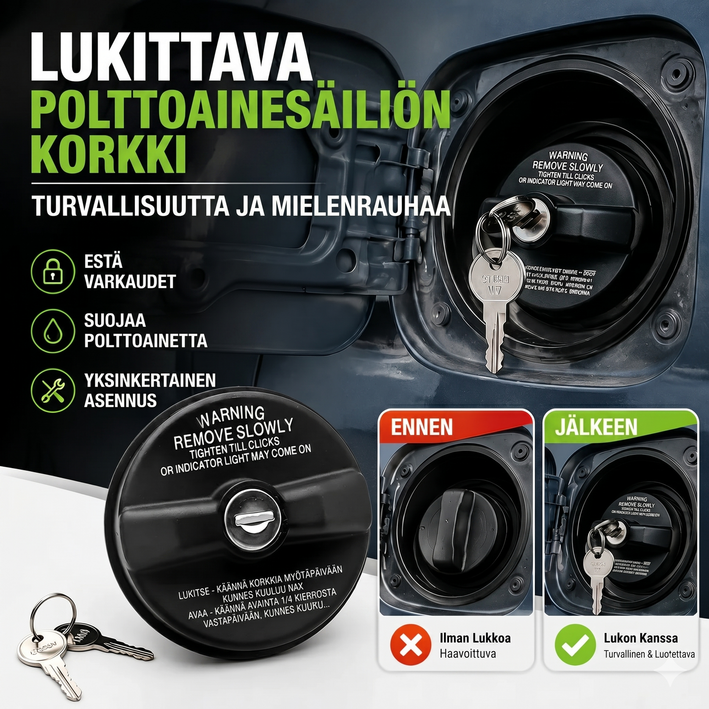 Lukittava polttoainekorkki avaimella