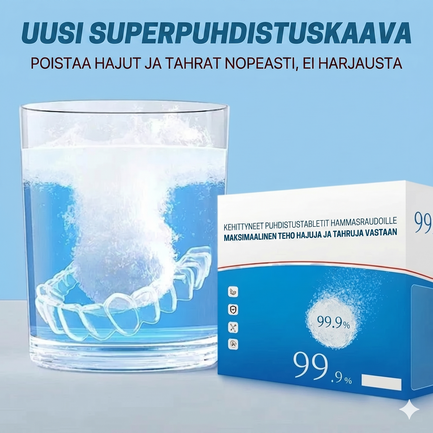Puhdistustabletit hammasraudoille hajua ja tahroja vastaan (10 kpl per setti)