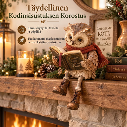 Lukeva pöllöfiguuri kodin sisustukseen