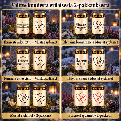 MinnesLjus LED-hautakynttilät 2 kappaleen setti aurinkokennolla tai paristolla
