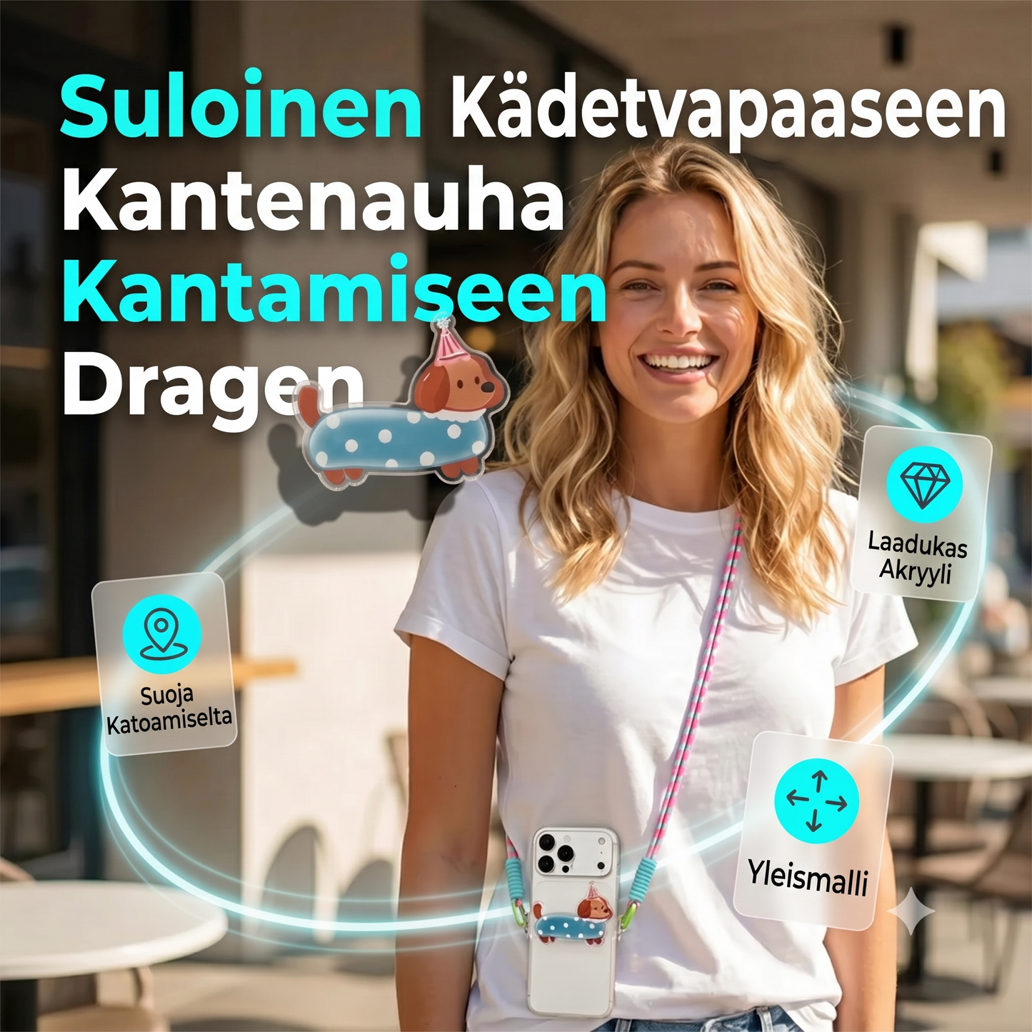 Puhelinpidike sarjakuvahahmolla ja rannelenkillä