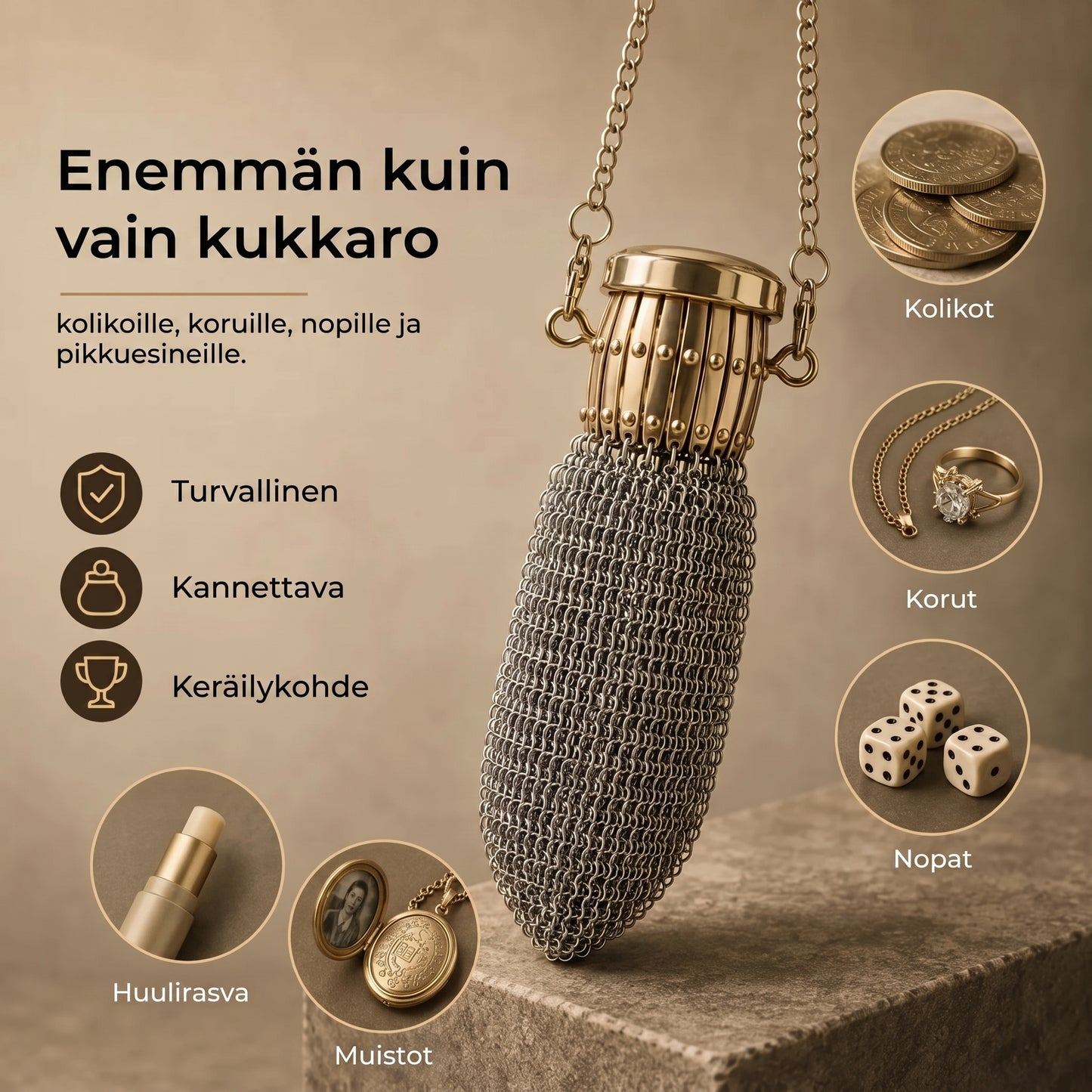 Vintage metalliverkkoinen kolikkopussi pikkutavaroille